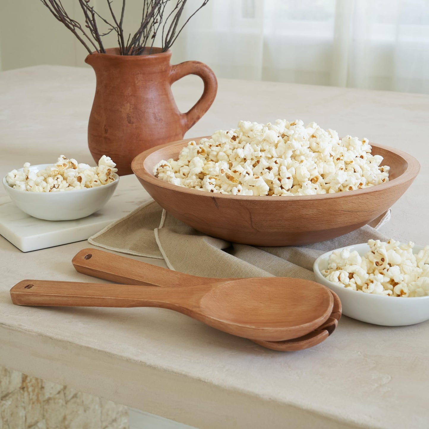 Extra Large Wooden Salad Bowl Set With Serving Utensils - A Beautiful Party Salad & Fruit Bowl With Serving Spoons Perfect for Your Dinner Party - Decorative & Practical Kitchen Must-Have