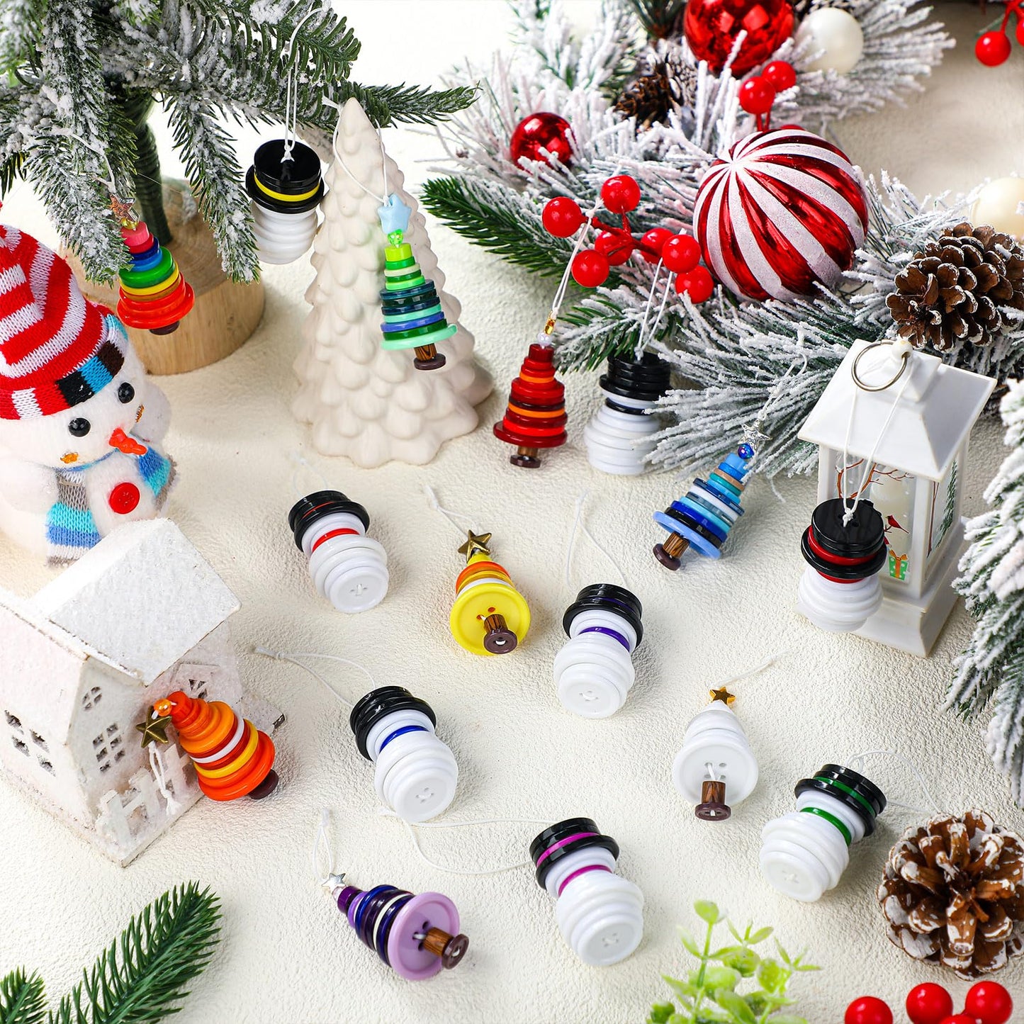 Soulchen 16 Sets Button Winter Ornament Kit Button Christmas Tree and Snowman Craft DIY Hanging Ornament Kit for Home Winter Holiday Party Decor