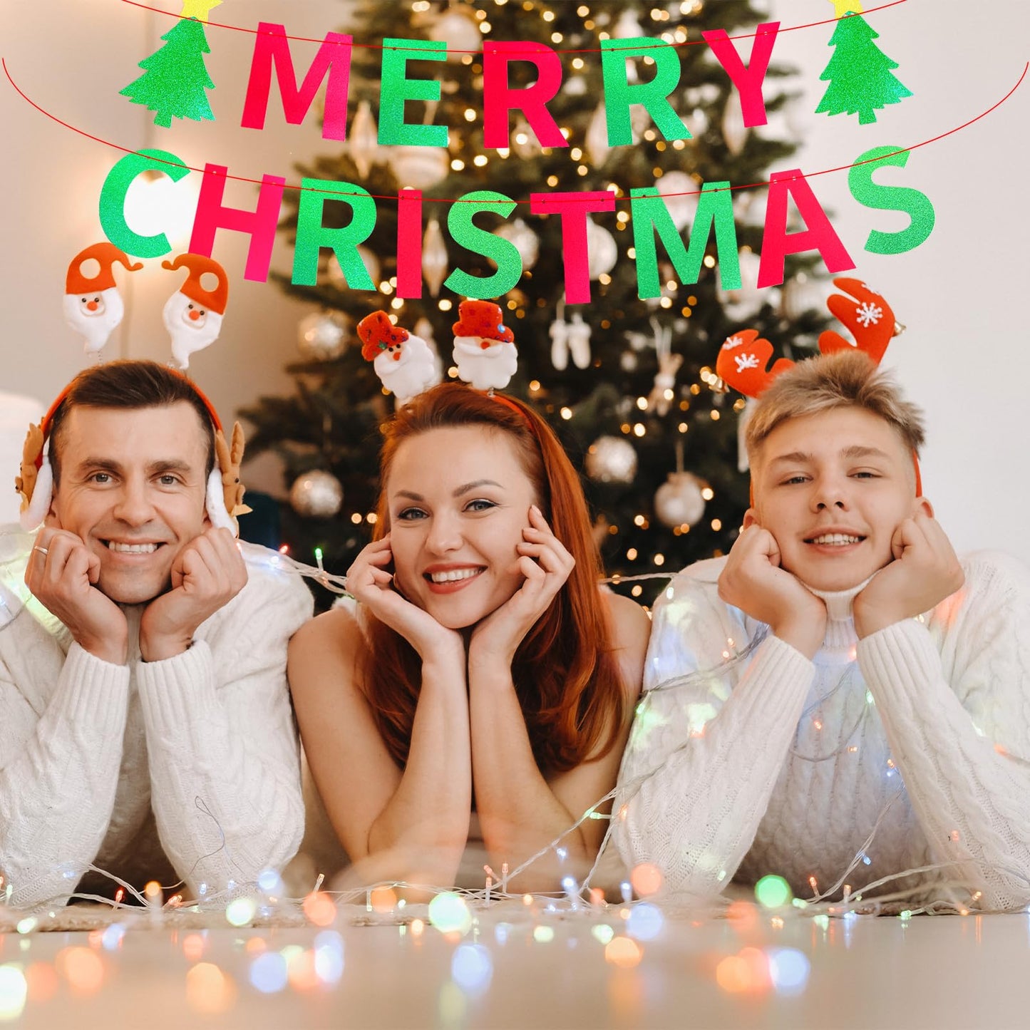 Merry Christmas Party Banner, Glitter Red and Green Letter Garland with Christmas Tree Cutouts, Fun Wall Hanging Decoration for Holiday Office Home Party Supplies, and Xmas Festival Decor