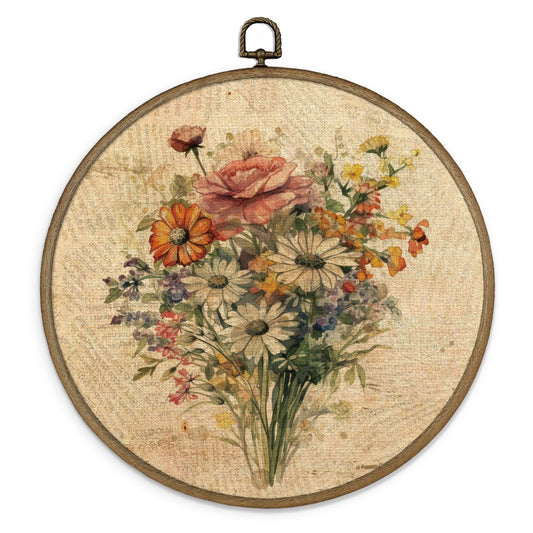 MAQIKA Vintage Floral Framed Wall Art Decor, Botanical Canvas Prints, Farmhouse Flower Round Wall Hanging, Boho Wall Art for Living Room Bedroom Kitchen, 10x10 Inch