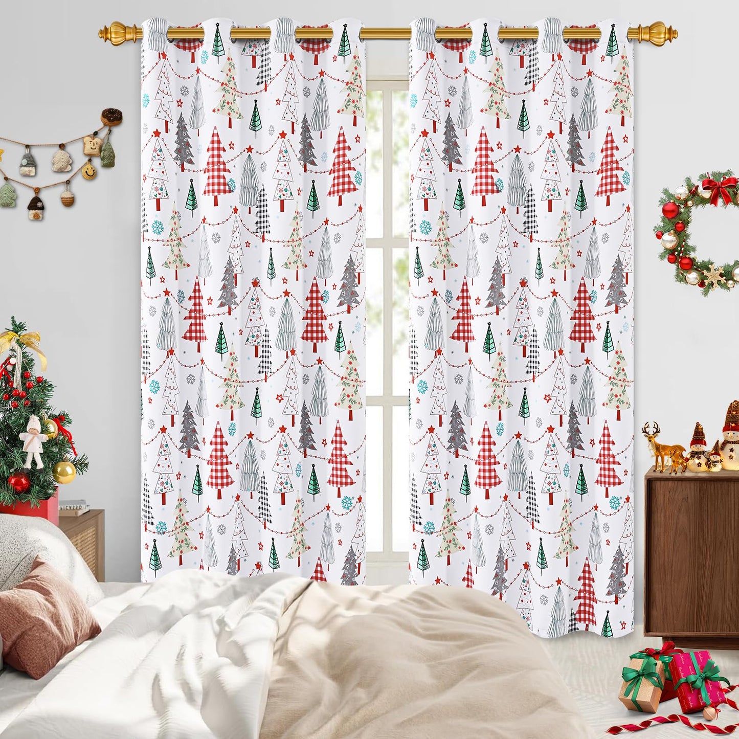 ASPMIZ Christmas Blackout Curtains for Living Room, Christmas Tree Window Curtains for Bedroom, Grommet Room Darkening Winter Curtain 84 Inch Length 2 Panels Set, 52'' x 84'', Red