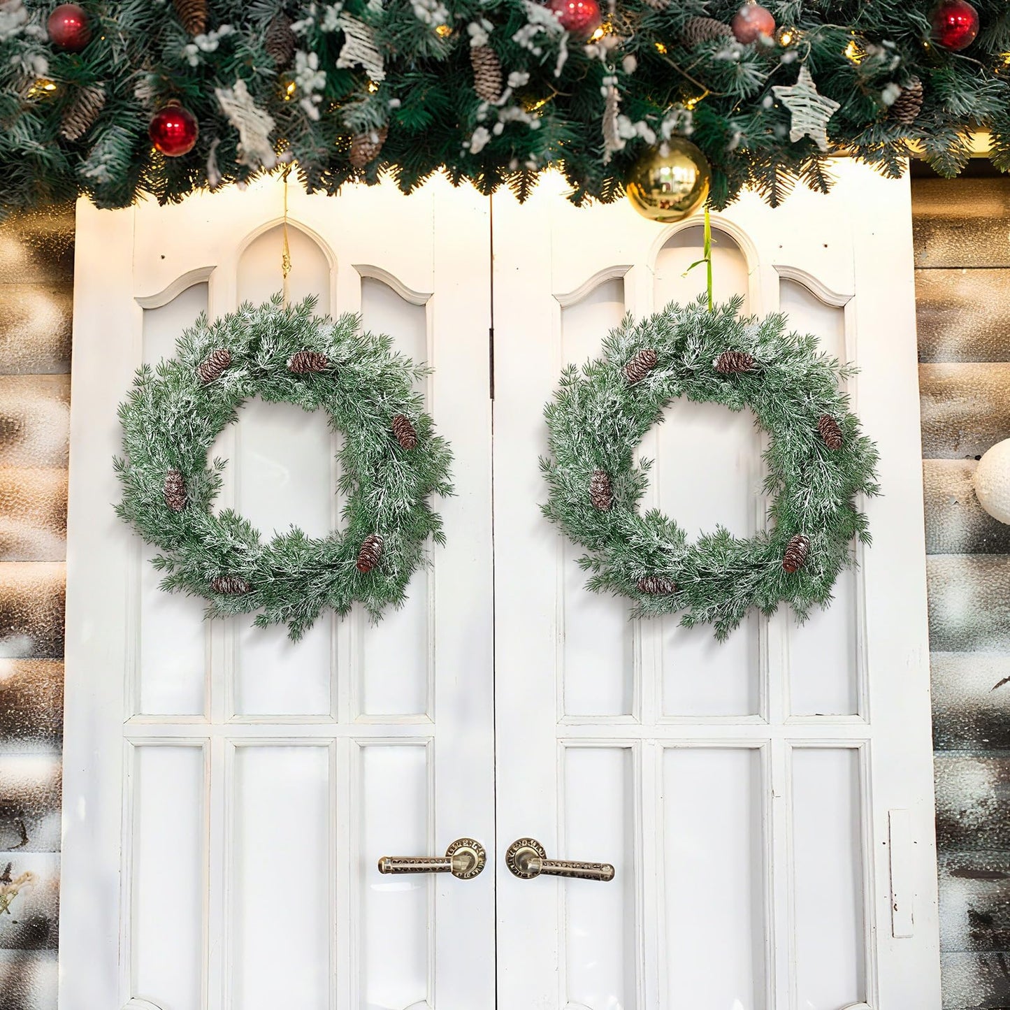 Giegxin 4 Pcs Large 25.6 Inch Christmas Snow Frosted Cedar Pine Branches with Pinecones Faux Greenery Cedar Pine Stems White Frosted Picks and Sprays Vase Filler for DIY Home Garland Wreath Xmas Decor