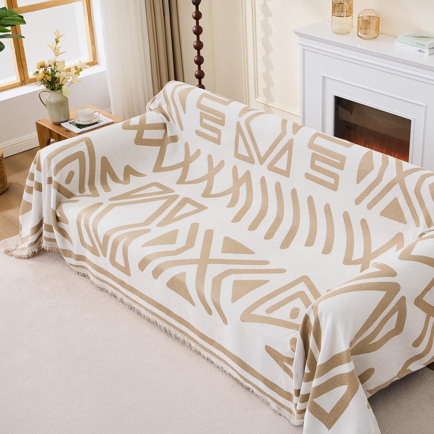 Taque Boho Couch Cover Sofa Covers for 2 Cushion Couch, Couch Covers Washable Blanket Sofa Covers, Chenille L Shape Sectional Couch Covers for Dogs, Sofa Blanket Cover for Living Room (Khaki)