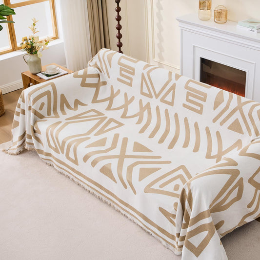 Taque Boho Couch Cover Sofa Covers for 2 Cushion Couch, Couch Covers Washable Blanket Sofa Covers, Chenille L Shape Sectional Couch Covers for Dogs, Sofa Blanket Cover for Living Room (Khaki)