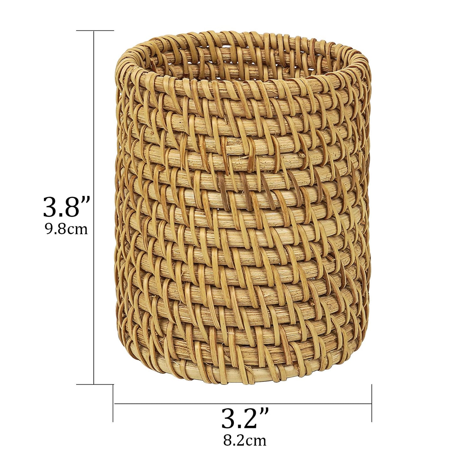 JANKOW Wicker Rattan Pencil Holder, Cylindrical Desk Organizer Cup, Natural Brown, for Office, Vanity, Kitchen, 1-Pack
