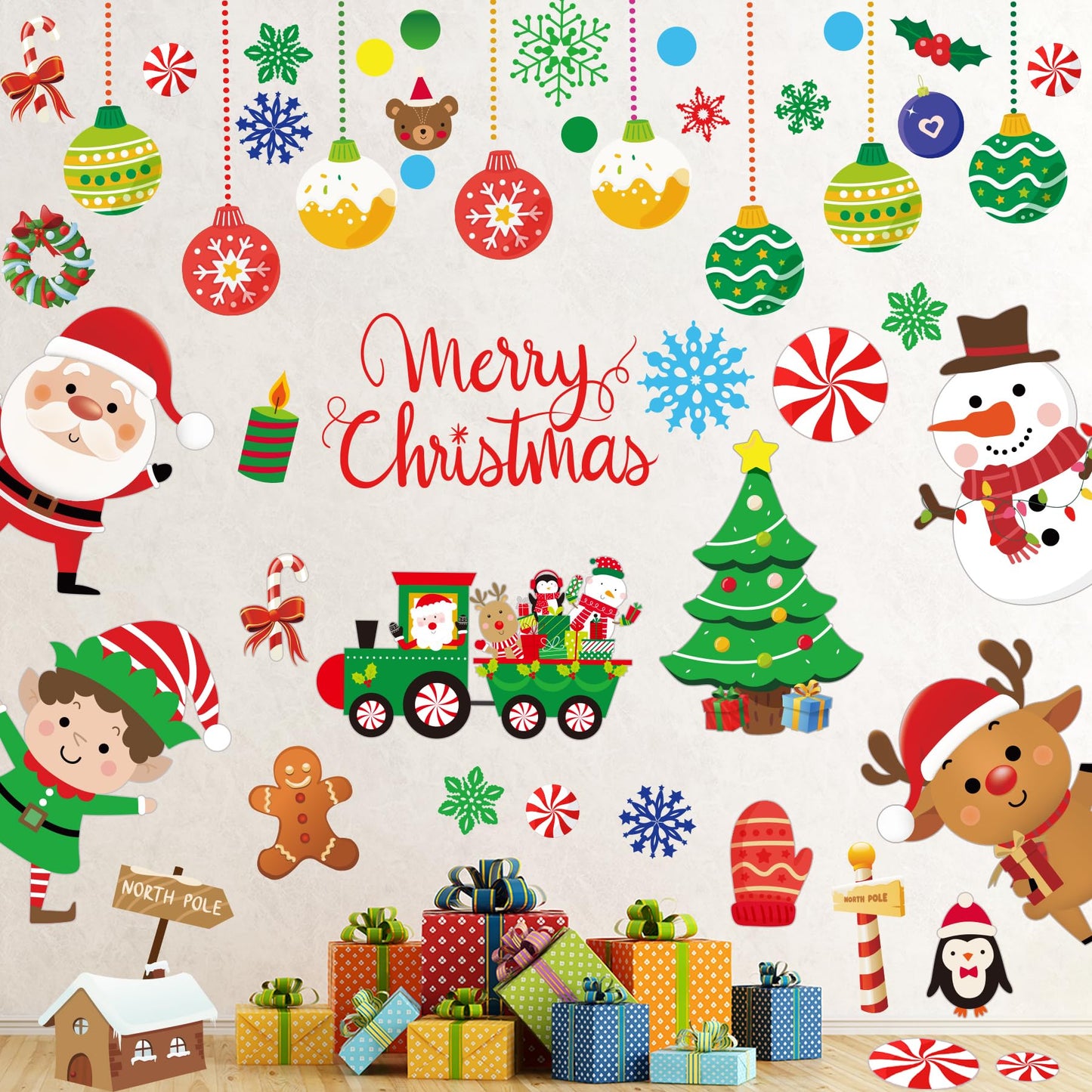 Christmas Wall Decals Stickers 96PCS Removable Large Merry Xmas Wall Decorations Christmas Bathroom Decor Santa Claus Snowman Reindeer Window Clings for Outdoor Indoor