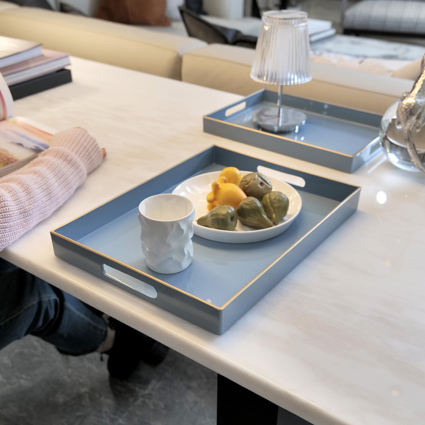 Serving Trays Set of 2, Decorative Plastic Serving Trays with Handles, Party Tray for Food, Coffee Table, Ottoman, Bathroom, and Living Room (Blue)