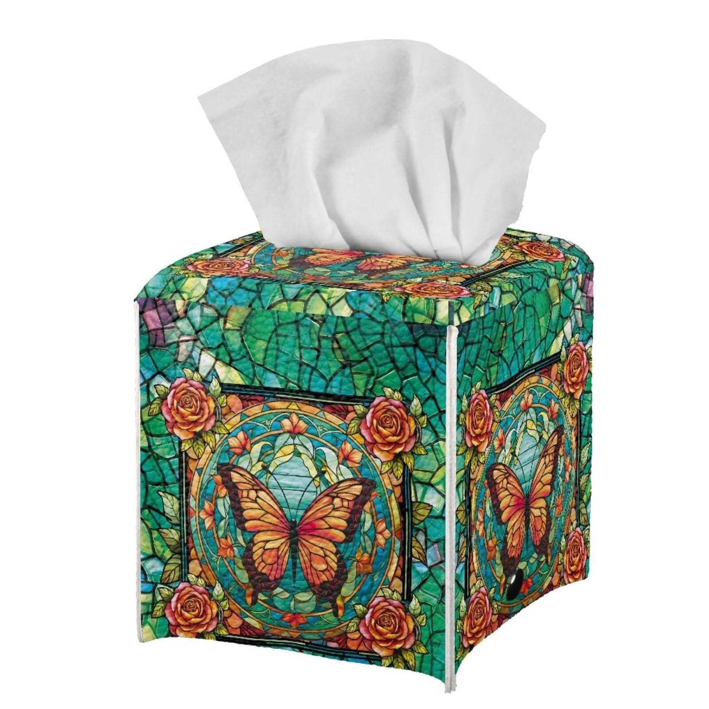 Lotusorchid Butterfly Rose Print Tissue Case Cover Square, Waterproof Tissue Box Cover for Home Office, Foldable Kleenex Tissues Cube Boxes with Bottom Belt, Decorative Facial Tissue Cover, Green