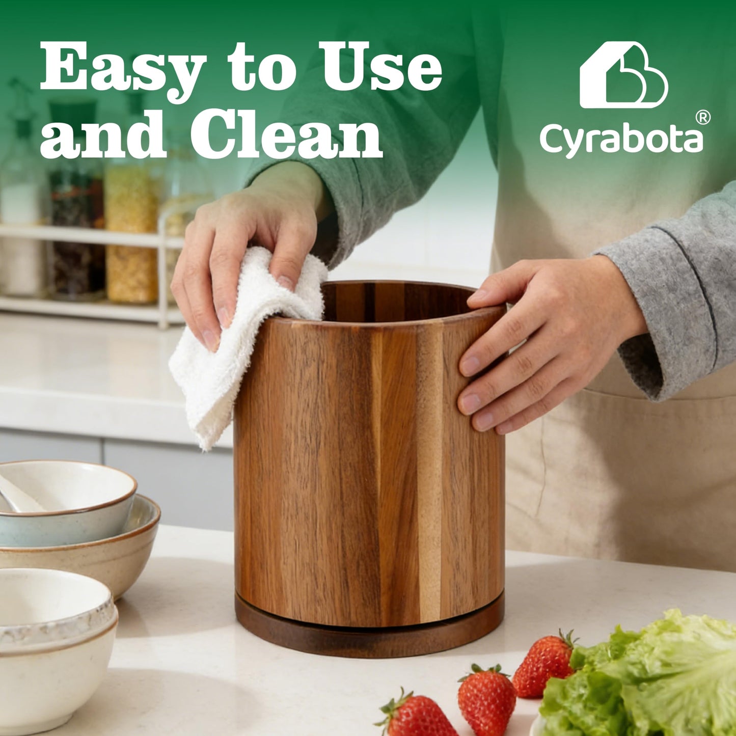 Cyrabota Acacia Wood Utensil Holder 360°Rotating Anti-Tip Design for Kitchen Counter,Cooking Utensil Crock for Countertop , Large Utensil Organizer for Spatula