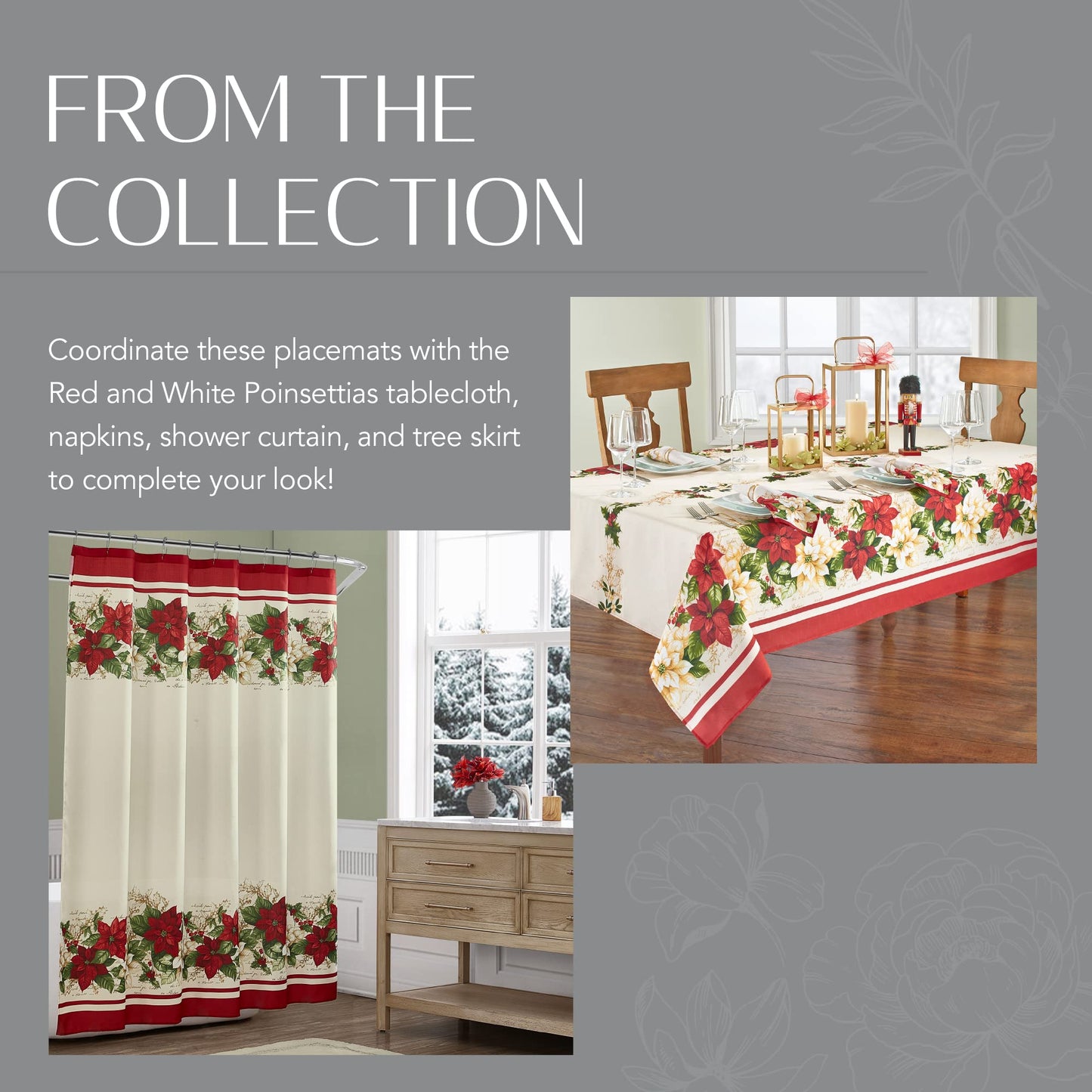 Elrene Home Fashions Red and White Poinsettia Holiday Fabric Placemats, Christmas Mats for Table Decor, 13 Inches x 19 Inches, Set of 4