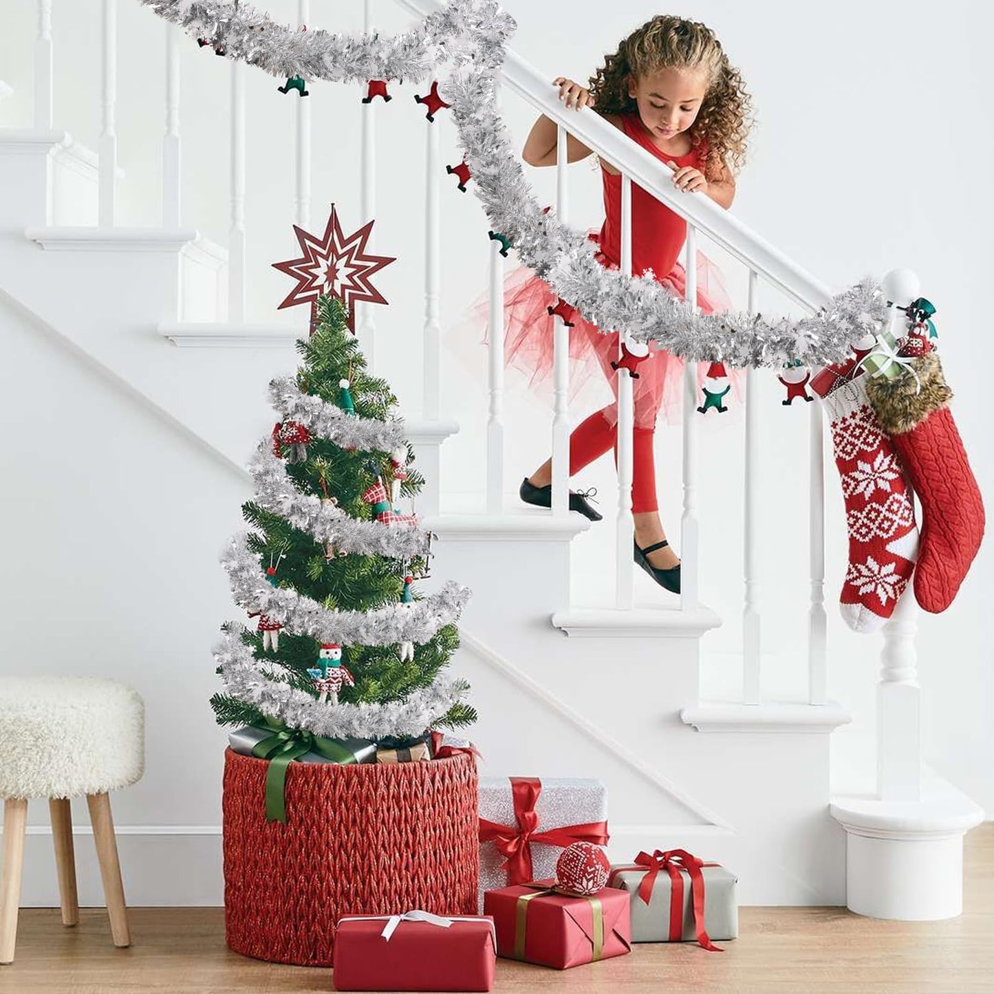 FOIMAS 33 Feet Christmas Tinsel Garland, Metallic Silver Christmas Snowflake Hanging Garland for Xmas Tree Fireplace Home Decoration (Silver)