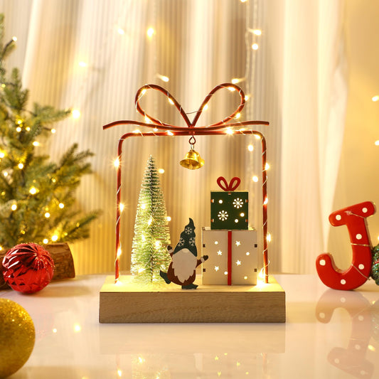 Christmas Tabletop Decoration, Wooden Lighted Christmas Gift Box Collectible Buildings Decorations, Christmas Giftboxes Santa Ornaments, Battery Operated Christmas Indoor Fireplace Table Decorations