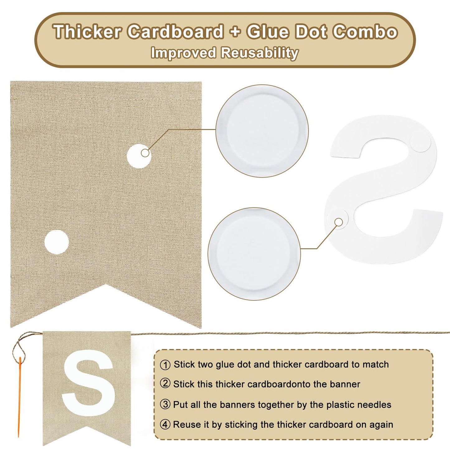 Reusable DIY Custom Banner Kit, 28 Burlap Flags, 87 Cardstock Letters/Numbers, 210 Double-Sided Adhesive Dots, Personalized Party Banner for Birthday, Baby Shower, Wedding, Graduation