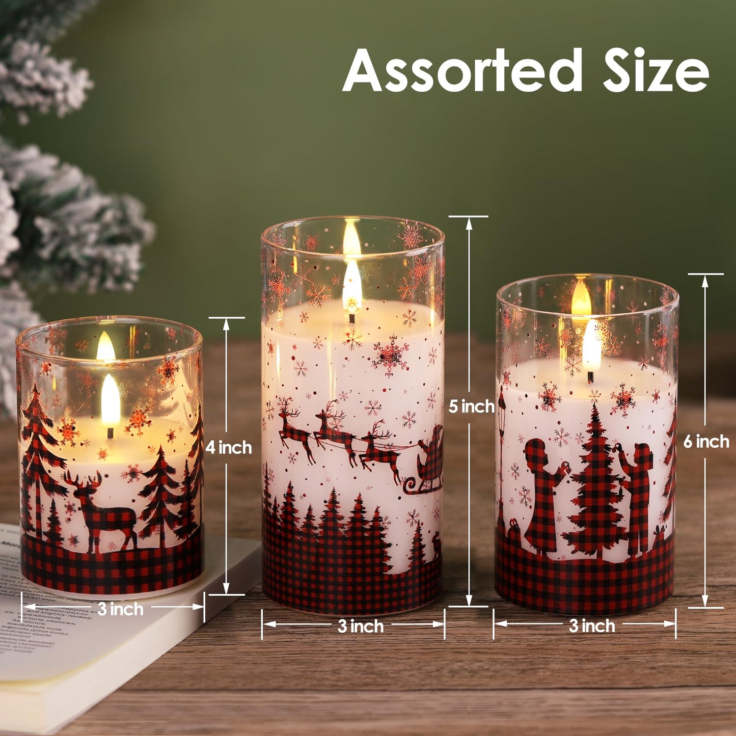 Eywamage Christmas Flameless Pillar Candles with Remote, Red Buffalo Plaid Table Decor, Flickering LED Pillar Candles Set of 3