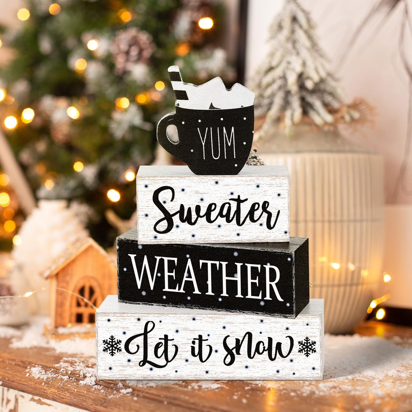 Marsui 4 Pcs Winter Wooden Tabletop Decor Rustic Hot Cocoa Block Sign Gift Farmhouse Christmas Tiered Tray Centerpiece Winter Decor for Home Office Desk Shelf Mantel
