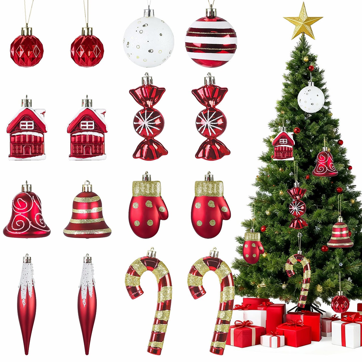 Christmas Ornaments, 16Pcs Red and White Christmas Ornaments Set with Hanging Strings Ideal for Christmas Tree Decorations and Indoor Accents
