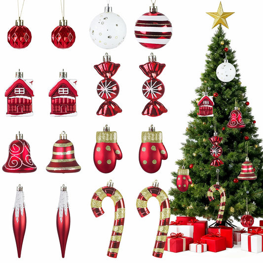 Christmas Ornaments, 16Pcs Red and White Christmas Ornaments Set with Hanging Strings Ideal for Christmas Tree Decorations and Indoor Accents
