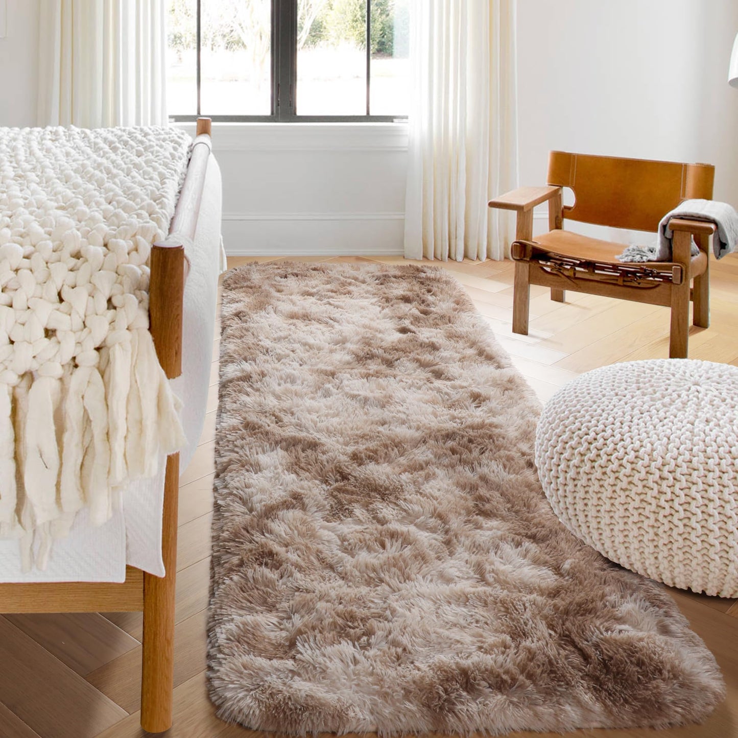 ONASAR Runner Rugs for Bedroom Living Room, Tie-Dyed Beige 2x6 Bedside Hallway Fluffy Area Rug, Ultra Soft Plush Furry Faux Fur Non Slip Floor Carpet for Nursery Kids Dorm Closet Home Decor