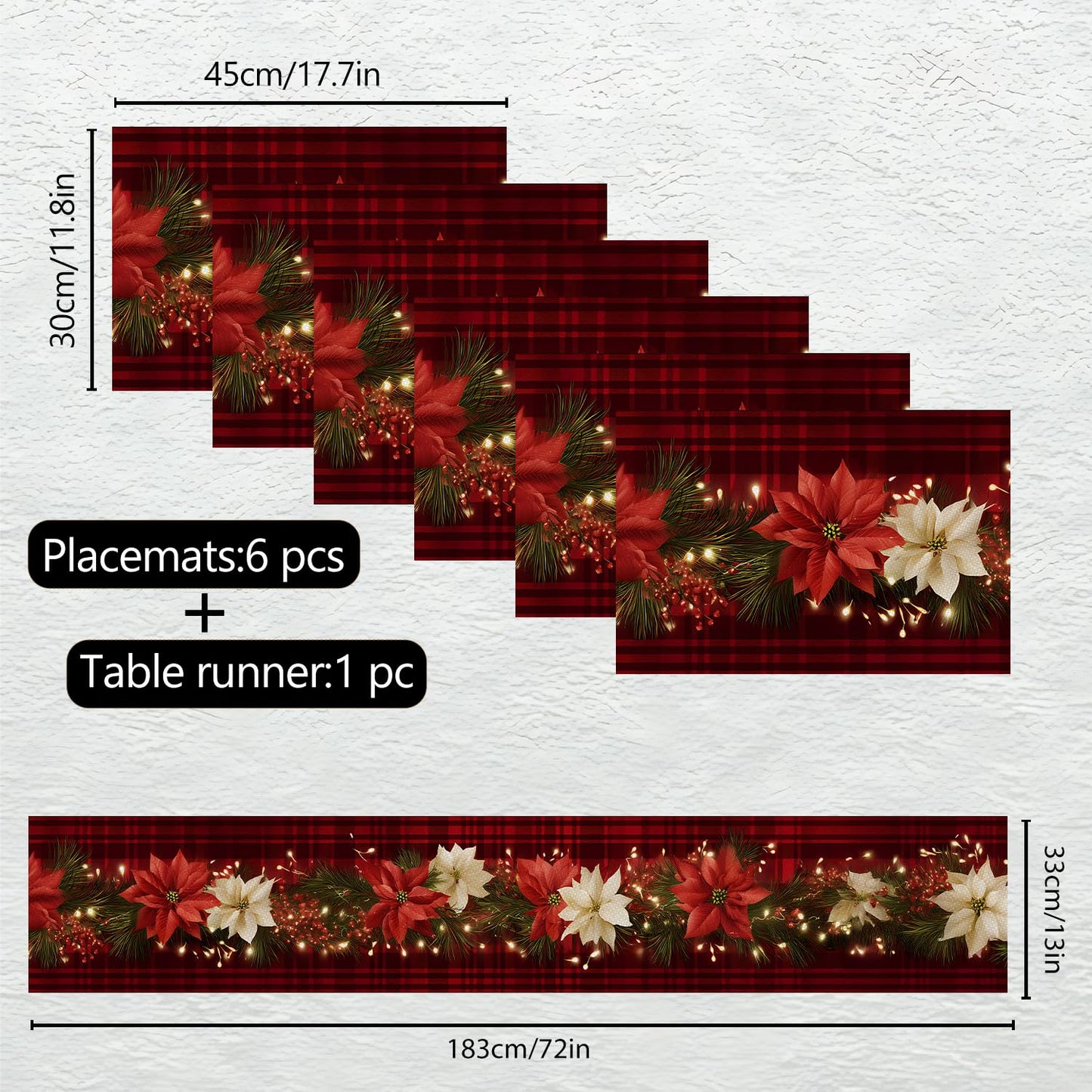 Christmas Table Runners and Placemats Set of 6, Red Plaid with Poinsettia & Floral Design, Perfect for Holiday Dining, 7-Piece Christmas Table Decoration
