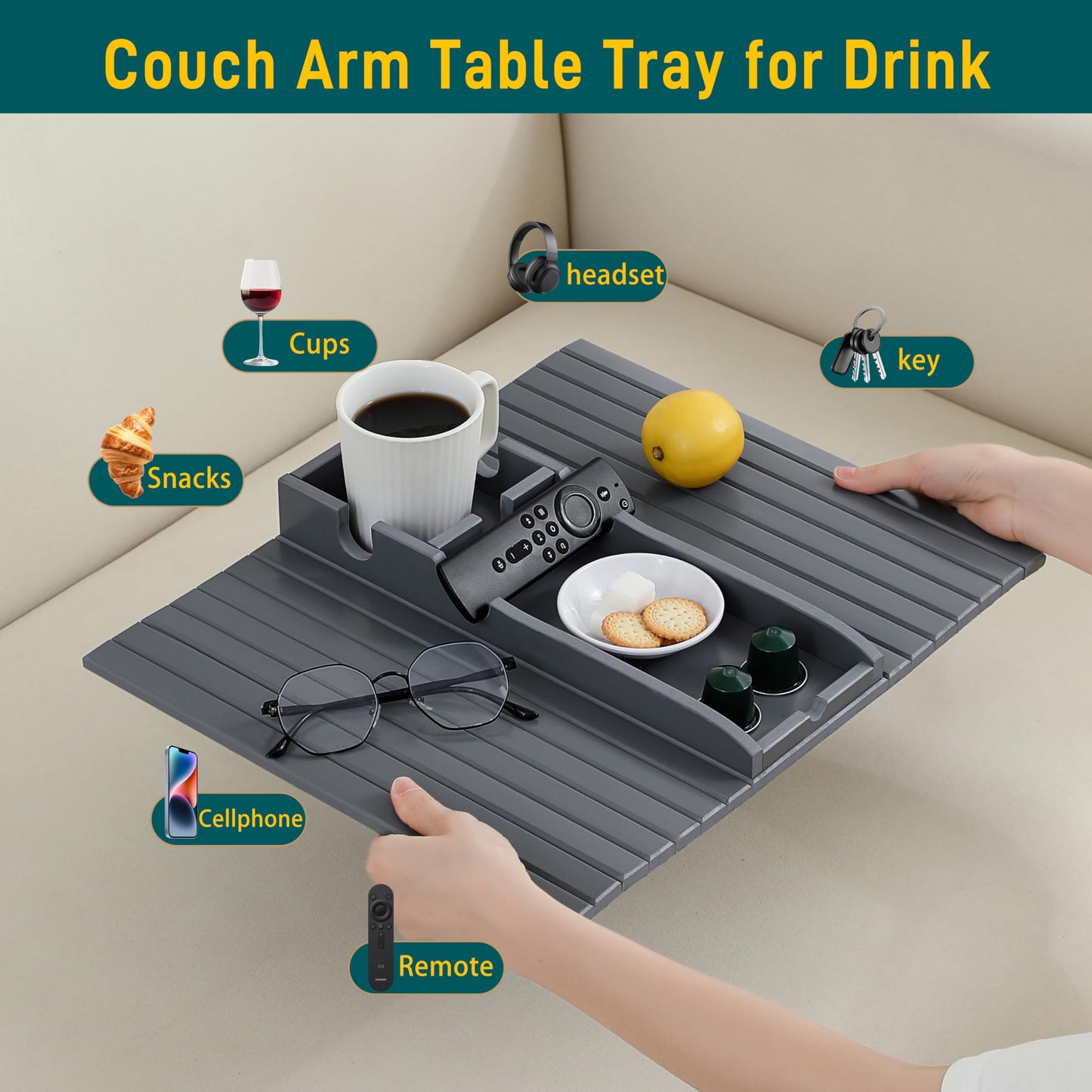 HNLISA Bamboo Couch Cup Holder Arm Tray，Foldable Couch Drink Holder Armrest Table，Sofa Arm Rest Tray，Flexible Arm Chair Table Recliners for Drink,Cups, Snacks, Phone, Remote (Grey)