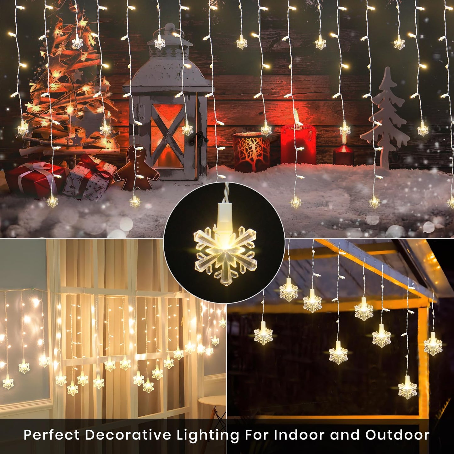 LitTerra Icicle Lights for Outside 180 LED 26.4ft 30 Drops Icicle Christmas Lights Outdoor Snowflake with 8 Mode Function Curtain String Lights Indoor for Patio Garden Bedroom (no Remote, 1)