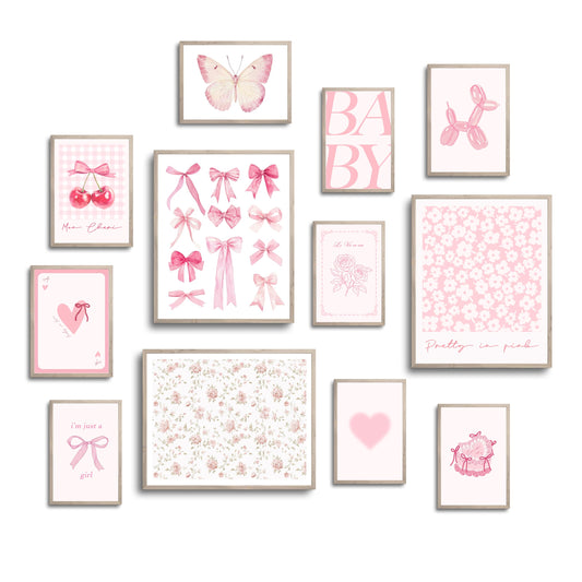 TwoDays Pink Coquette Room Decor Aesthetic, Light Pink Bows Wall Art Posters, Trendy Pictures for Girls Dorm, Funky Girly Prints for Bedroom. (Multi Sizes, 8" X 10" Largest, Set of 12, UNFRAMED)