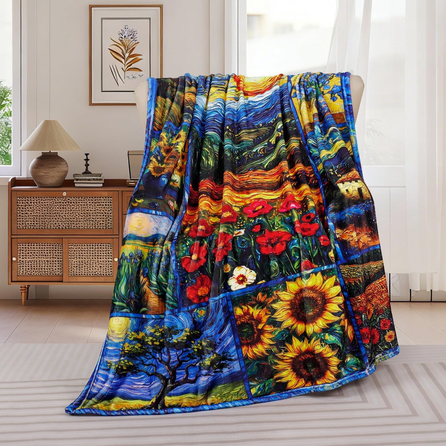 Homithley Oil Painting Collection Throw Blanket Van Gogh Art Patchwork Abstract Starry Night Sunflower Soft Flannel Blanket for Bedding Sofa and Travel Camping 50" × 60"