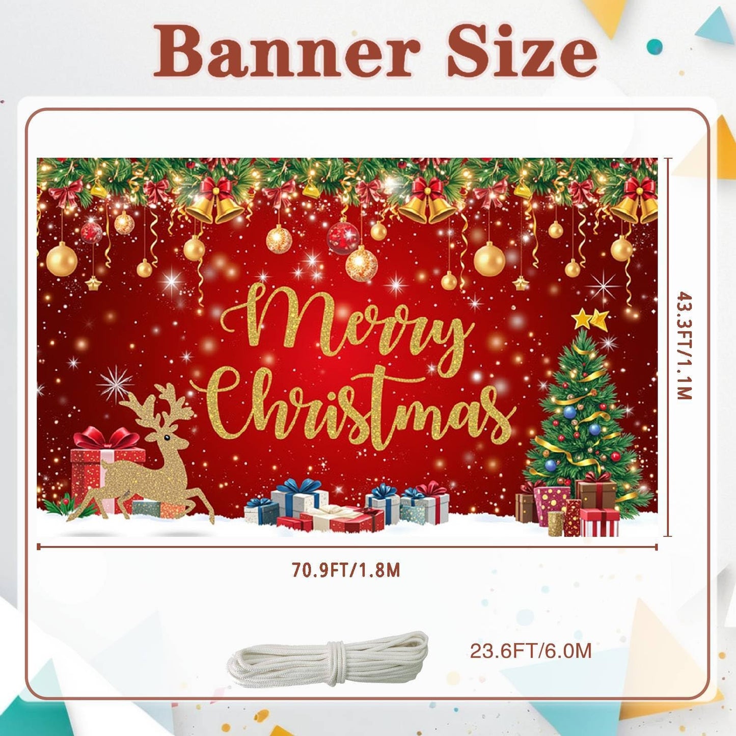 Red Gold Merry Christmas Banner Festive Party Backdrop Xmas Decorations for Home Office Christmas Eve Holiday Celebration