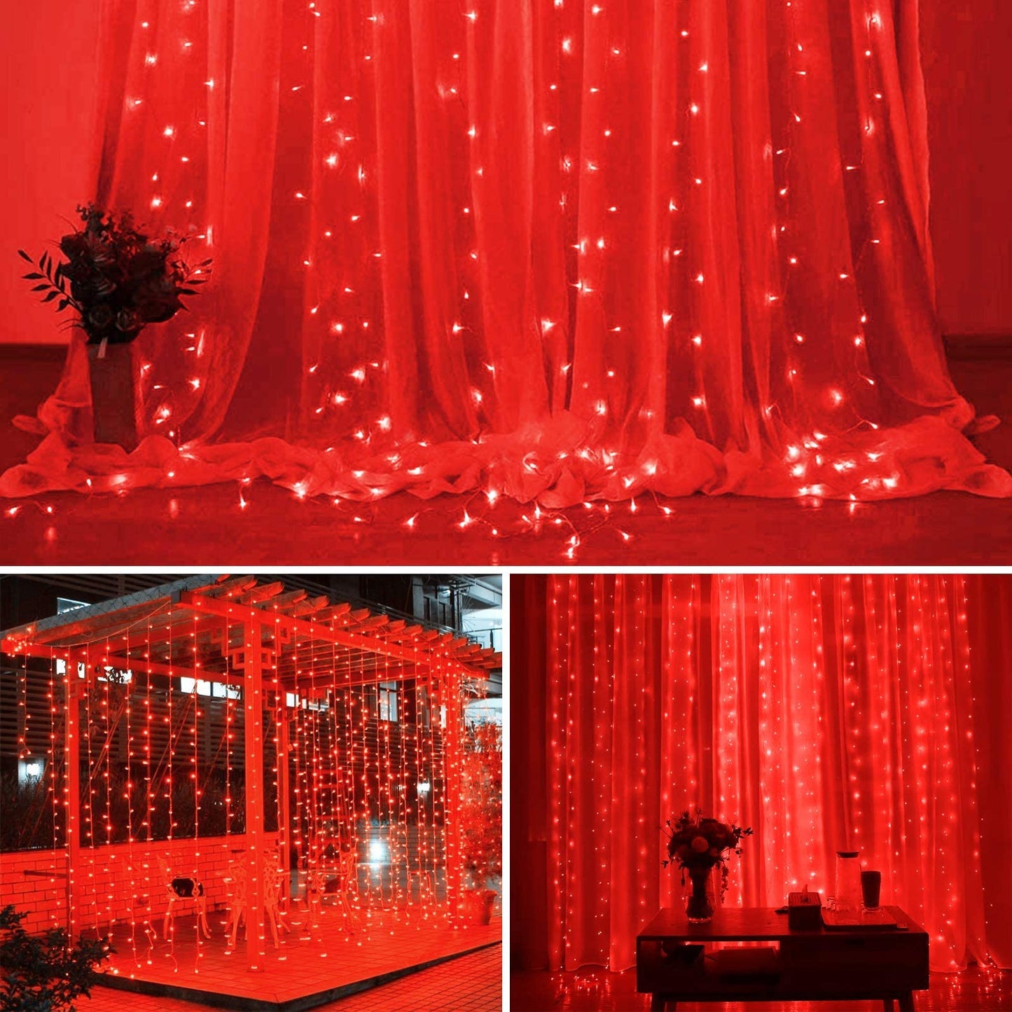 SUNNEST LED Curtain Lights Christmas, 300 LEDs 9.8FT x 9.8FT USB Curtain String Light with 8 Lighting Modes Wall Lights with Remote Control, Twinkle Light for Bedroom Decoration (Red)