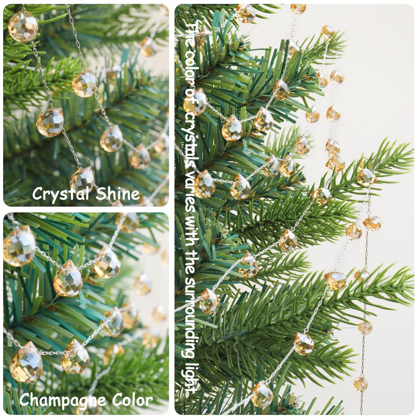 Lumiti Christmas Garland, 9.8Ft Crystal Glass Beads Strands, 100pcs 10mm Faceted Waterdrop Glass Beads Hanging Ornament for Christmas Tree Centerpieces Wedding Party Decorations (Gold)