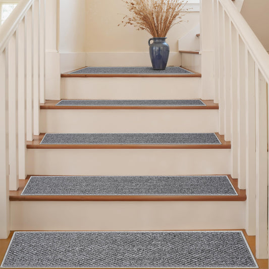 Carpet Stair Treads Non Slip - 4 Pack 8" x 30" Peel and Stick Stairs Tread for Wooden Steps Washable Stair Runners Rug Stain Resistant Edging Staircase Mat for Kids and Dogs(4pc, Grey)