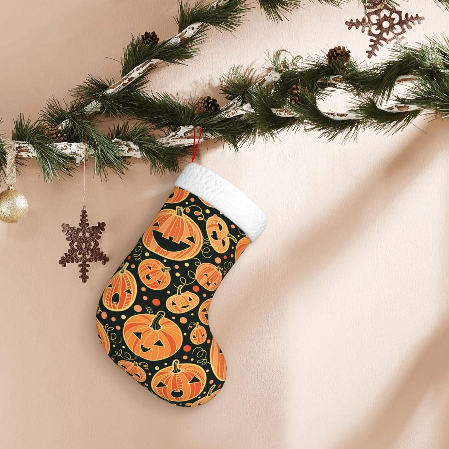 Halloween Pumpkin Christmas Stockings Hanging Decoration Stockings 17.7 Inch Xmas Stockings for Fireplace Family Party Holiday Decor 1PCS