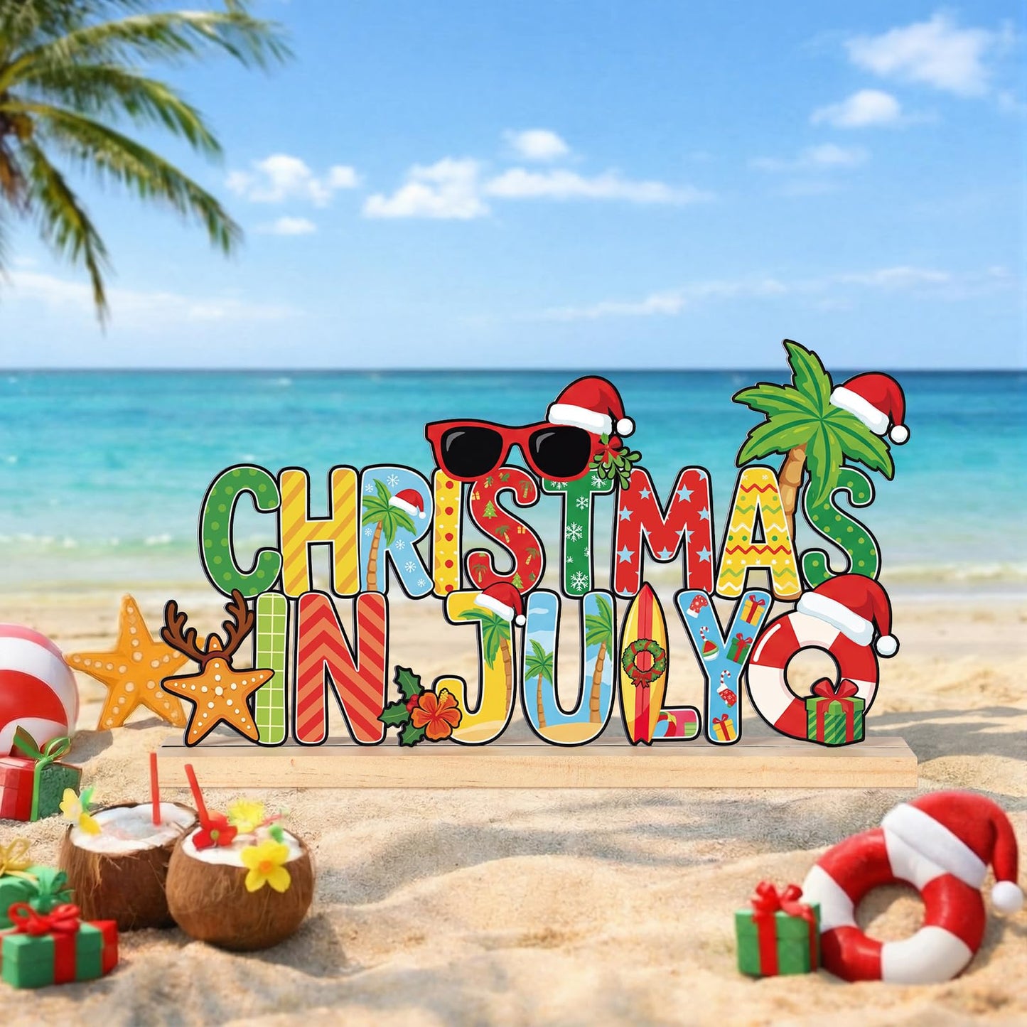 Roowest Metal Christmas in July Sign Tabletop Decor Summer Christmas Table Centerpiece Tropical Tiered Tray Decoration with Wooden Base for Home Office Desk Shelf Mantel Beach Party Gift