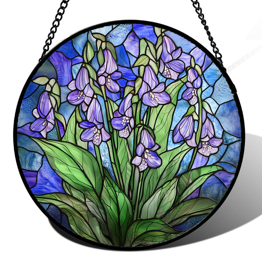AMDERVEN Stained Glass Suncatcher, Blue Purple Flowers Green Leaves Sun Catcher Plants Stain Glass Window Hanging Decoration Mother's Day Birthday Gifts for Women Men Mom and Nana 7.8 in