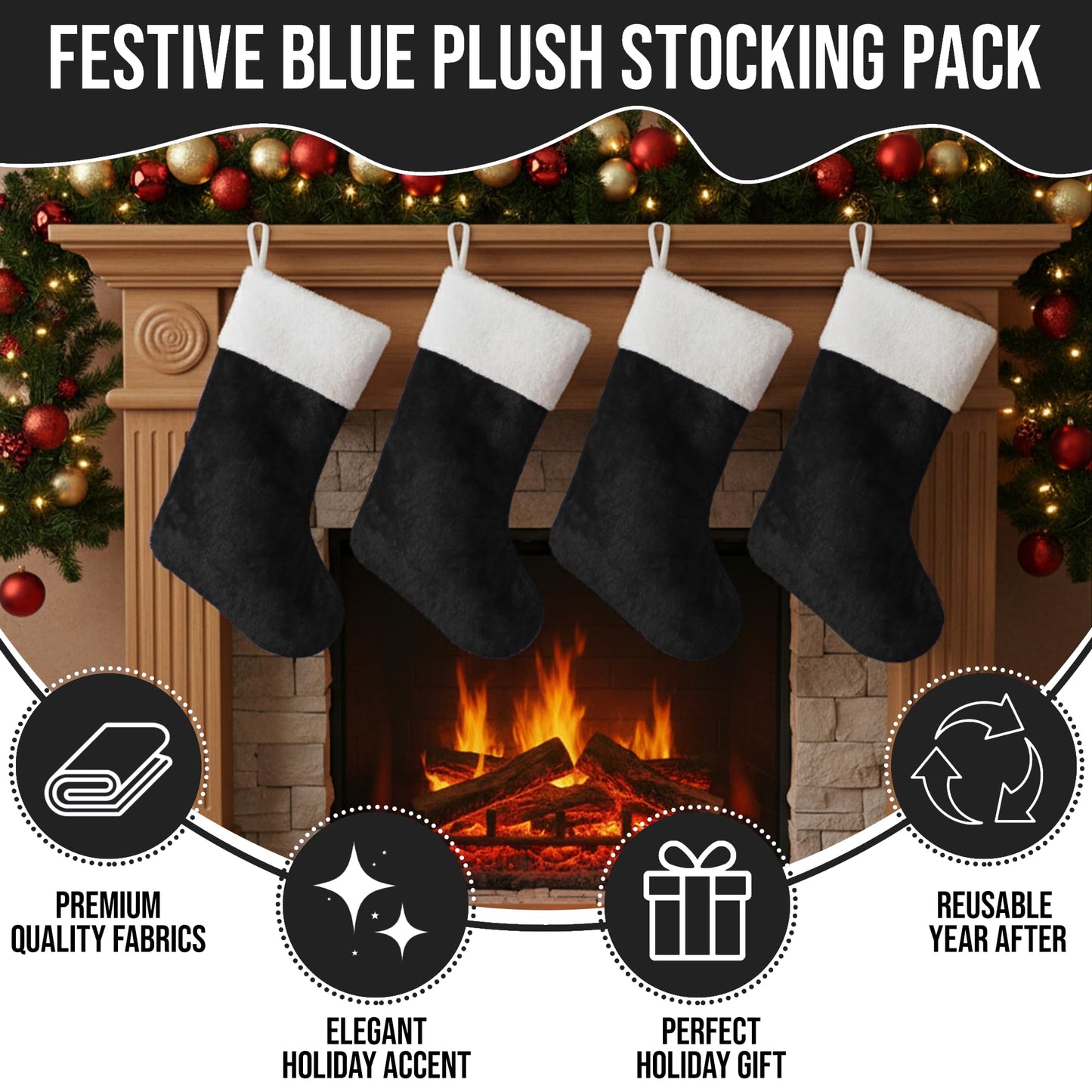 Iconikal 4-Pack Black 18-Inch Plush Fabric Christmas Stocking, Soft White Cuff, Holiday Decor