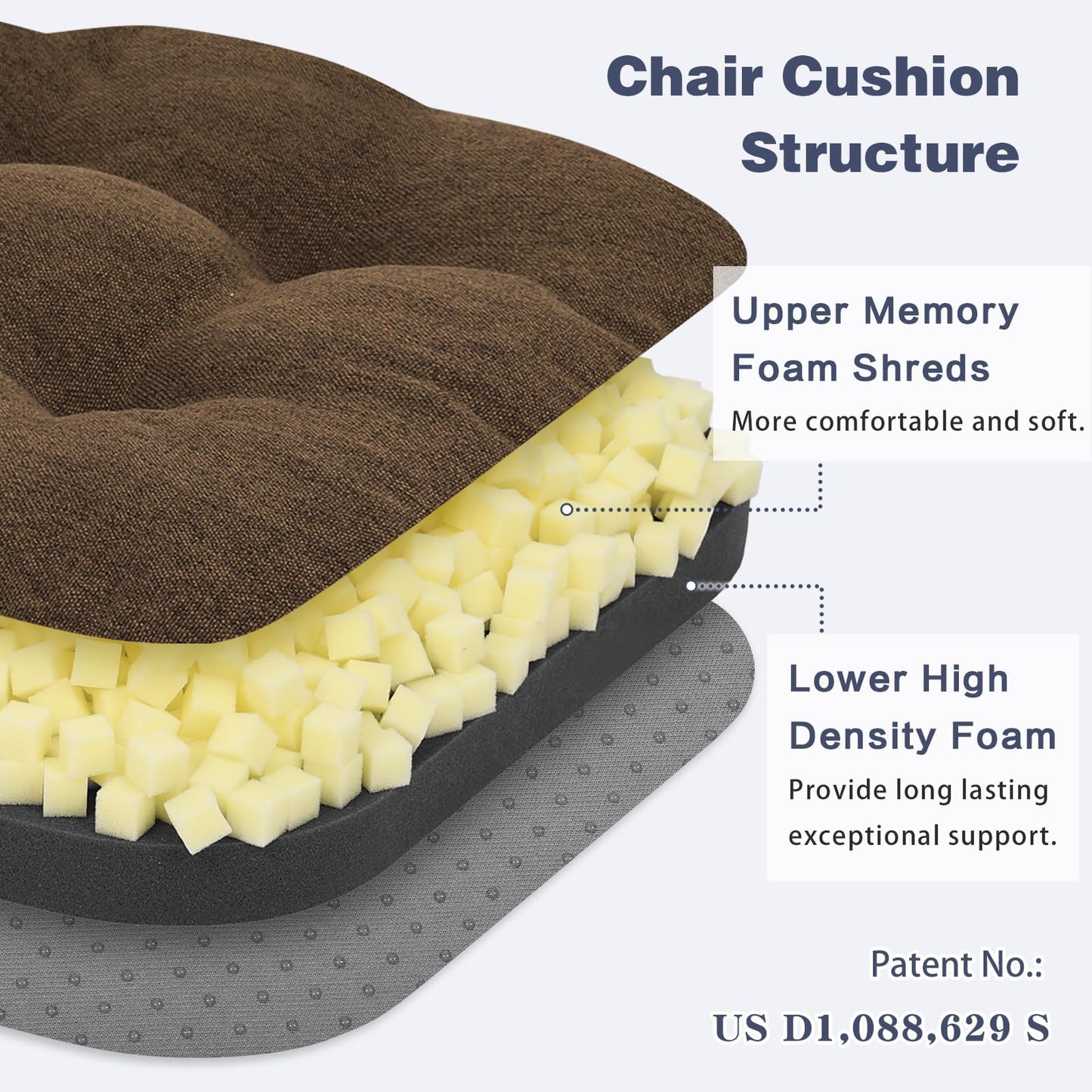 baibu Dining Chair Cushions, Dual-Layer Patent Design Memory Foam Kitchen Chair Cushions, Non-Slip Seat Pads with Ties, 16.5 x 16.5 x 3.5in, 1 Pack, Dark Brown