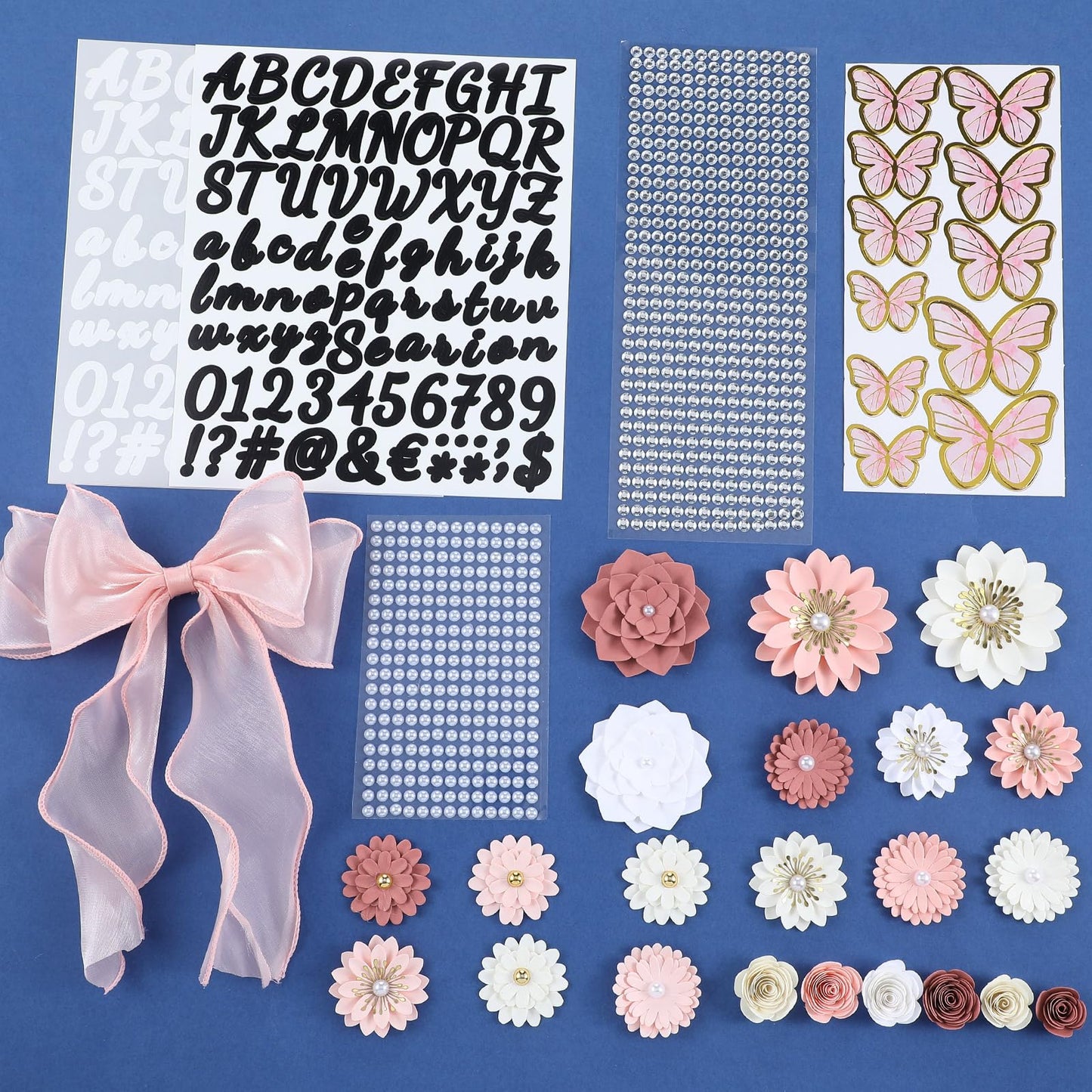 MotiMind 46 Pcs DIY Graduation Cap Decorations Kit Included Paper Flowers, 3D Butterfly Stickers, Rhinestone, Letter, Pearl Stickers, Mesh Ribbon Bow for DIY Grad Cap Decor(Pink)