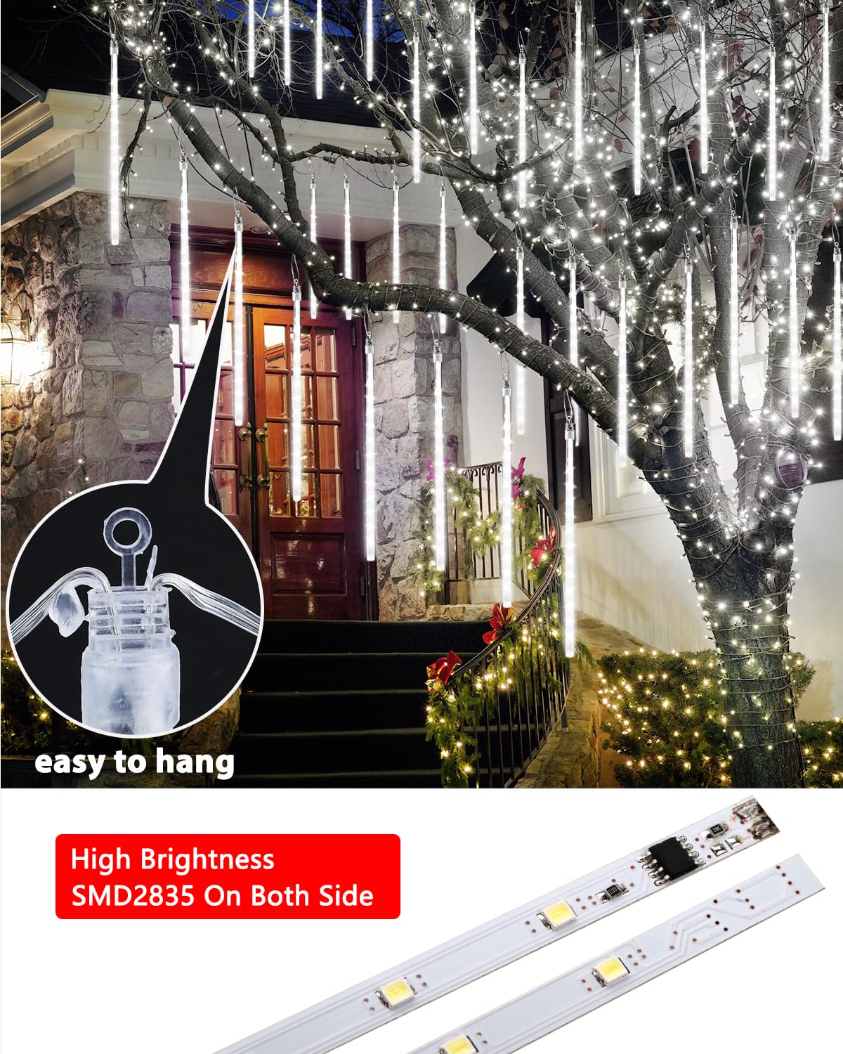 Flacchi Cool White 20 Tubes Meteor Shower Icicle Lights 480 LED Raindrop Lights with Timer Function Cascading Falling Rain Light for Holiday Party Christmas Decorations
