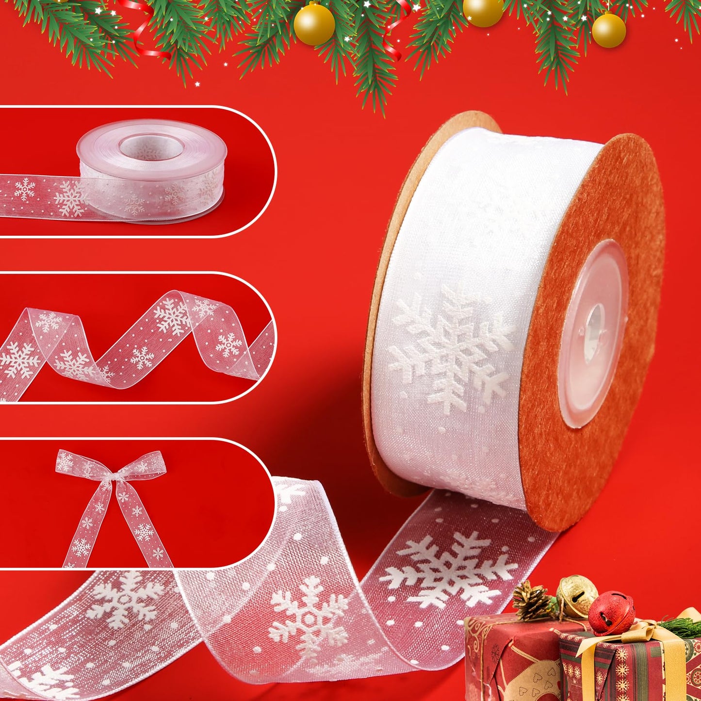 Christmas Ribbon, 1 Inch x 11yards White Snowflake Ribbon Christmas Ribbon for Crafts Making Gift Wrapping Winter Holiday Xmas Decor
