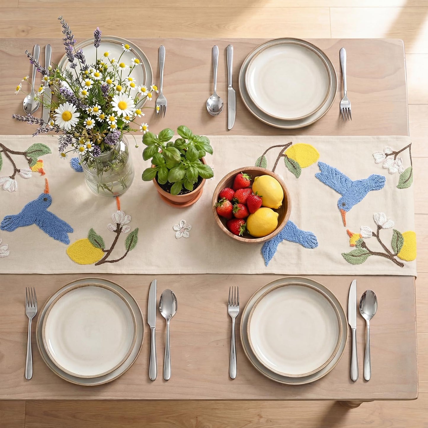 Artoid Mode Beige Soft Chain Embroidery Flower Bird Lemon Spring Table Runner, Seasonal Summer Kitchen Dining Table Decoration for Home Party Decor 13x72 Inch