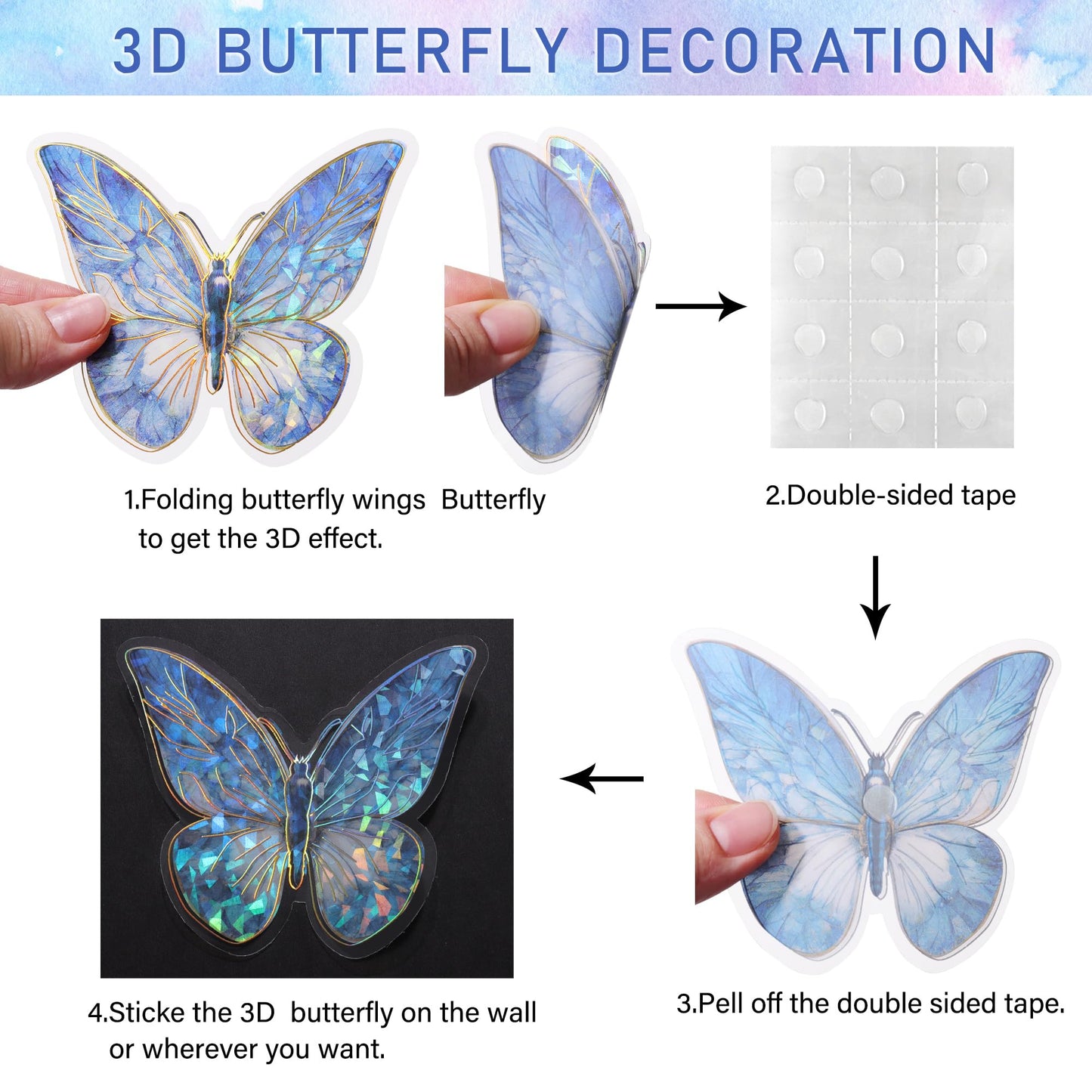 RAINBOW WSK 50 PCs Butterfly Wall Decor Cute Fairy Butterflies Wall Stickers 3D Butterflies for Birthday Cake Wedding Party Craft Room Decor Removable DIY Wall Decals sm- (Blue)