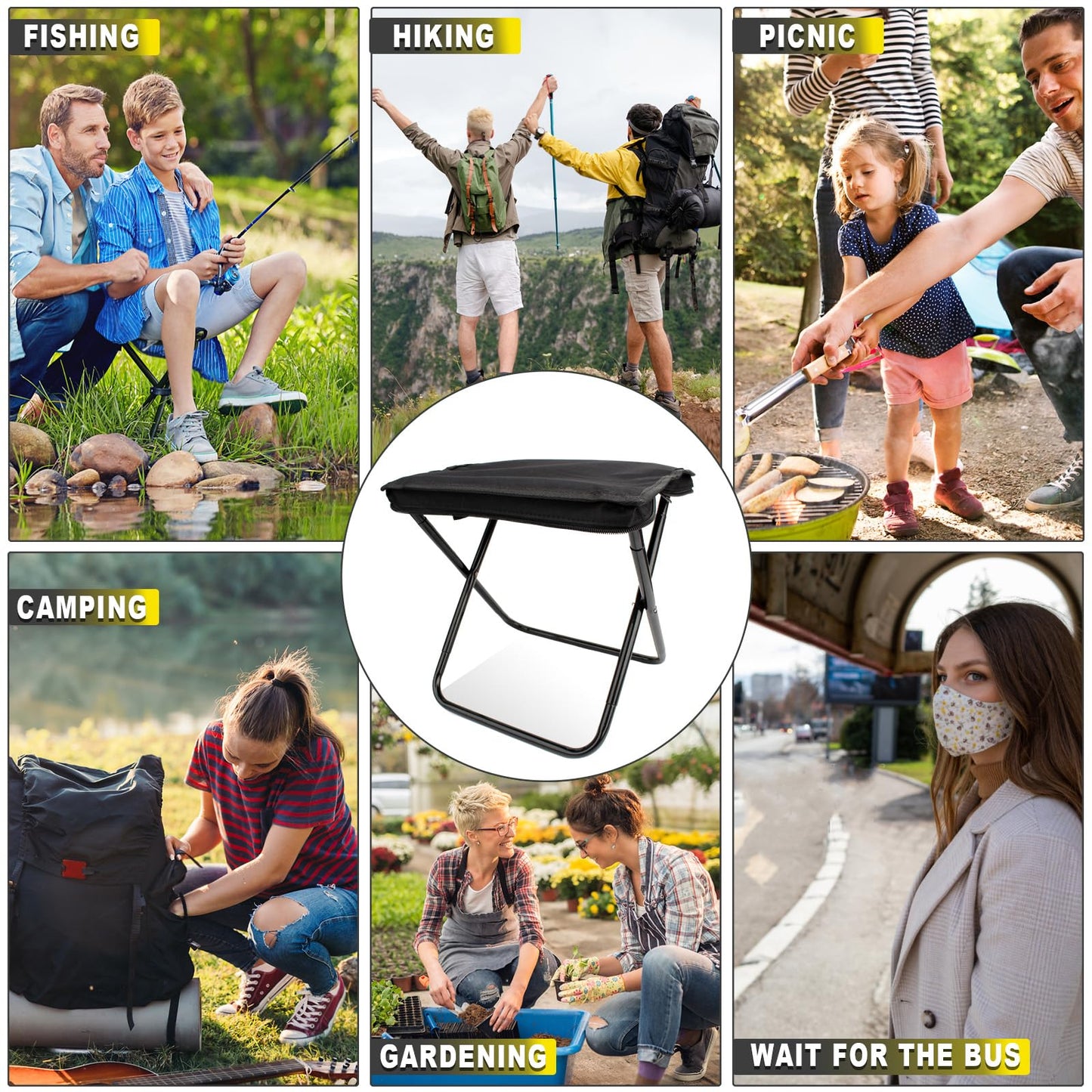 SUNPRO Camping Stool, Portable Folding Stool with Carry Bag, 12in Portable Folding Chair 1.6Lbs Collapsible Camp Stool Outdoor Footstool for Travel Walking Hiking Fishing Picnic Barbecue (Black)
