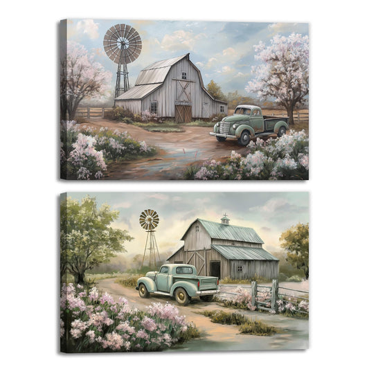 OAAPITI Barn Canvas Wall Art 2 Panel Rustic Farm Nature Landscape Pictures Wall Decor Retro Pink Flower Field Windmill Posters Artwork For Bathroom Bedroom Living Room(Artwork-2,12"x16"x2pcs)