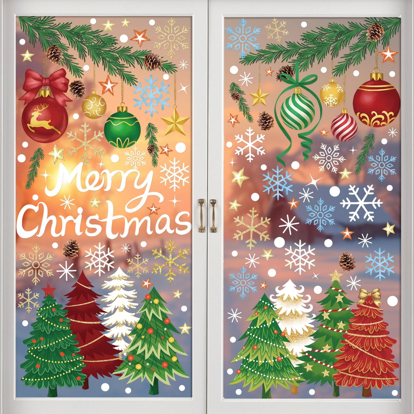 Merry Christmas Window Clings - 5 Sheets 173 Pcs Winter Holiday Window Stickers Christmas Tree Pine Branches Snowflake Decal for Glass Windows for Xmas Classroom Home Office Shop Display
