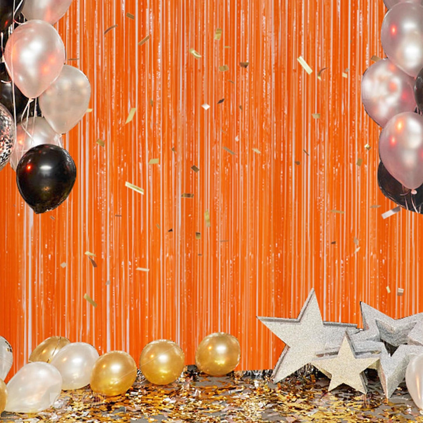DECOCKRAT 3 Pack Foil Fringe Backdrop - Orange Shiny Tinsel Curtains for Party Decoration/Photo Booth Props - 3.3x8.2 FT Metallic Foil Backdrop for Birthday, Wedding, Graduation, Christmas.