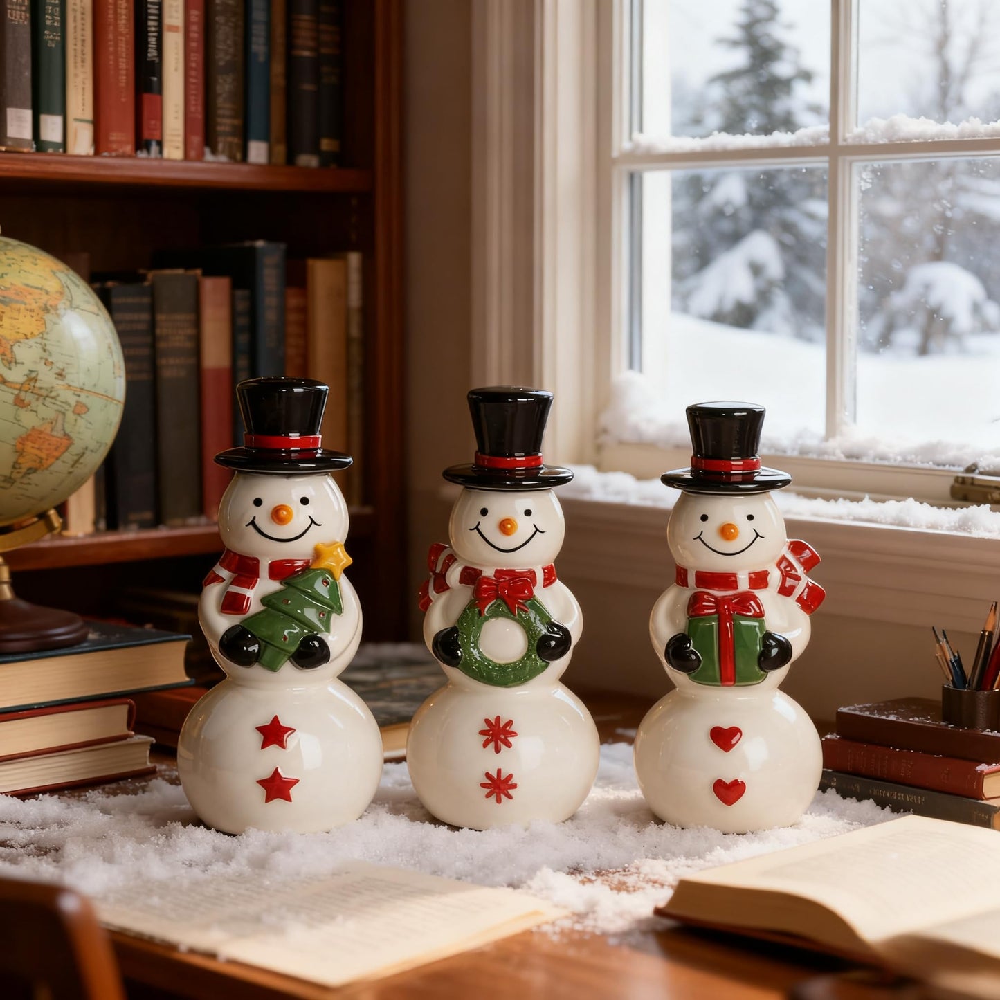 NEROSUN Christmas Snowman Figurines, Set of 3 Ceramic Cute Snowman Ornaments Christmas Decorations, Winter Table Centerpiece for Indoor Cabinet Mantel Fireplace Holiday Xmas Decor