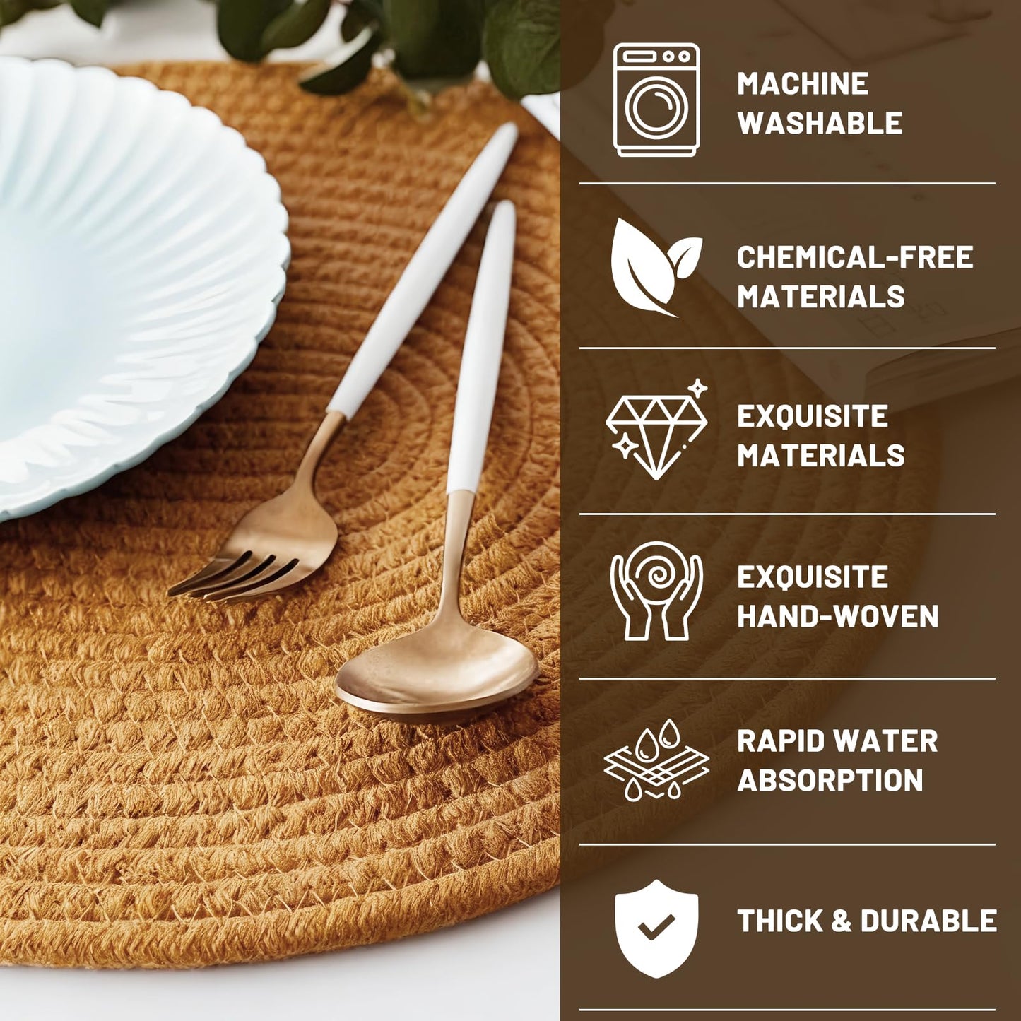 Round Placemats Set of 4, 13.8 Inch 100% Cotton Rope Woven Place Mats, Heat Resistant Washable Boho Farmhouse Table Mats, Non-Slip Absorbent Dining Table Mats for Kitchen Decor