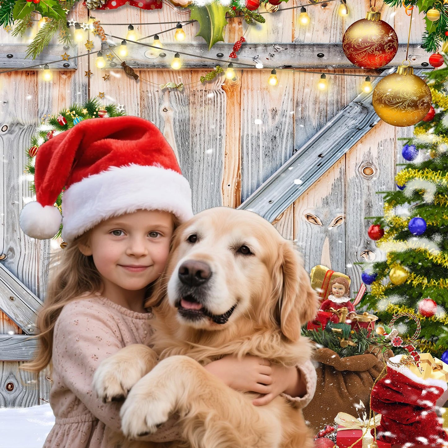 Christmas Photo Backdrop for Photography, Rustic Barn Wood Door Backdrops for Photoshoot, Xmas Tree Snow Red Gift Christmas Party Decorations 7x5ft