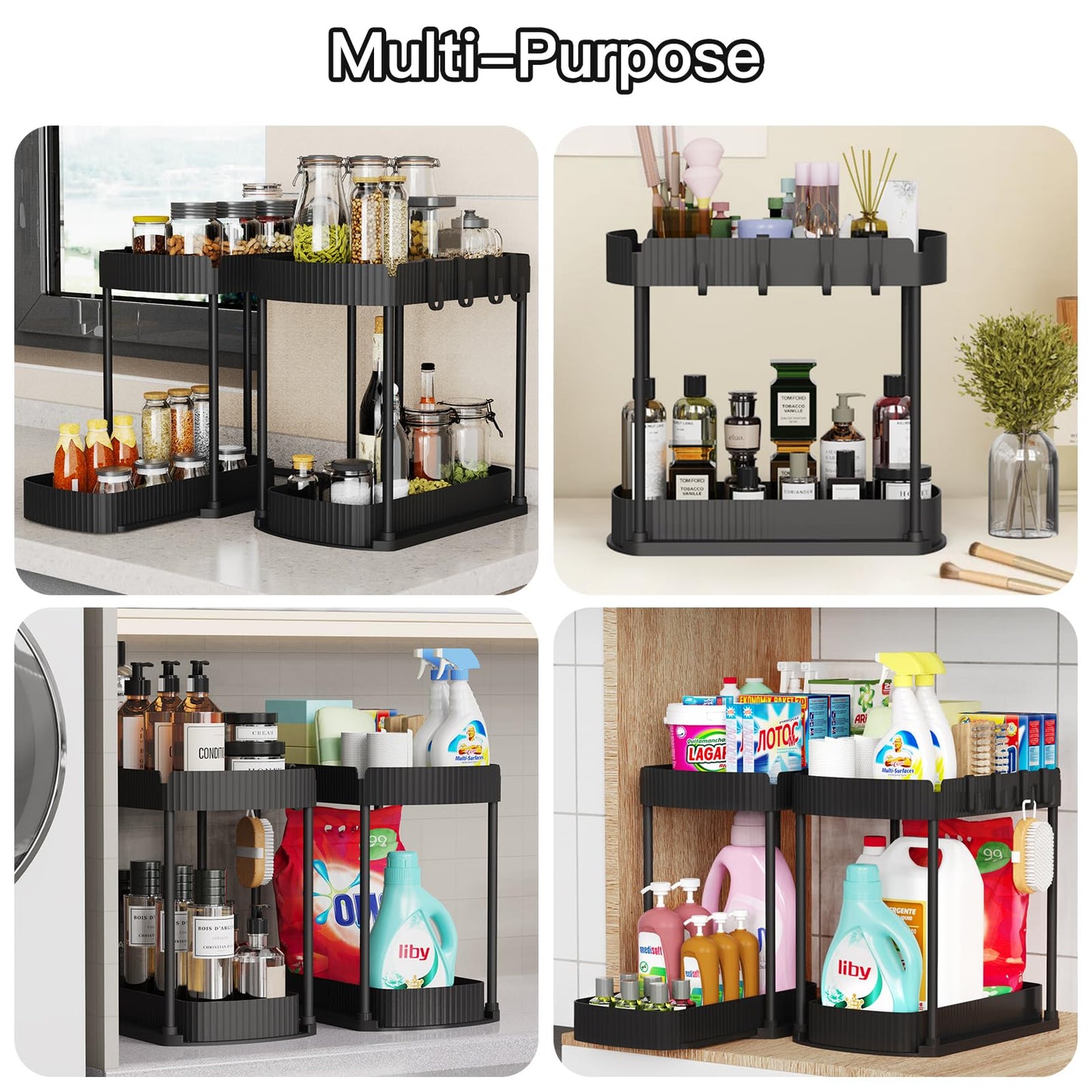 Ukeetap Multi-Purpose Pull-Out Storage Organizers, Under Sink/Cabinet Organizers and Storage for Bathroom & Kitchen, Black, 12.8 Inches, 2 Packs