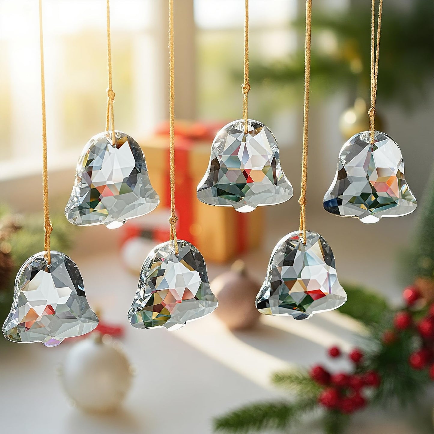 H&D HYALINE & DORA Set of 6 Crystal Christmas Ornaments Clear Faceted Glass Christmas Bell Hanging Ornaments for Xmas Tree Winter New Year Party Decoration(2 Inch)